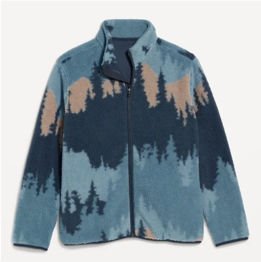 NWT Men's Old Navy Blue Trees & Mountains Sherpa Fleece Full Zip Sweater Jacket
